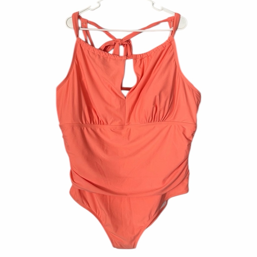 Kona Sol Coral Halter Retro Style Plus 
Size 24 Ruched 1 Piece Bathing Suit NWT